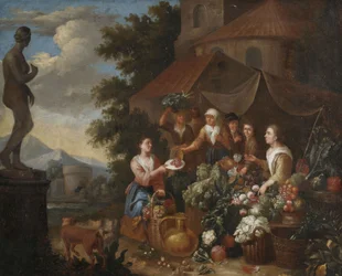 Groenten en bloemen verkopen bij een Italiaanse marktkraam.