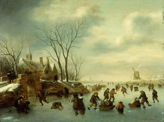 Winterlandschap met schaatsers (olieverf op paneel)