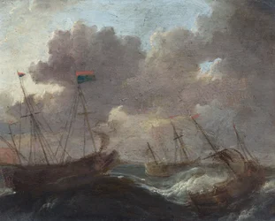 Scheepvaart in een storm (olieverf op metaal)