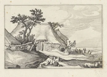 Boerderij en herder met schapen en geit
