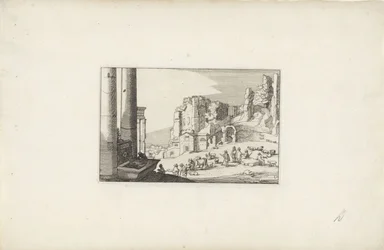 Heuvellandschap met een fontein en herders
