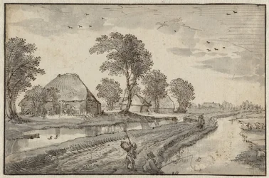 Weg tussen waterlopen in een polderlandschap