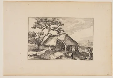 Schuur, kudde rustend op zijn stok op de rechter voorgrond, uit Landschappen (Verscheyden aerdige Lanthuysen...)