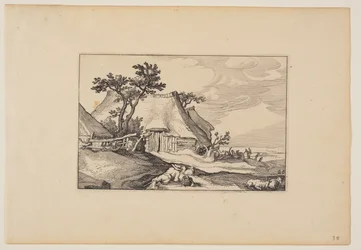 Schuren, rustende man met mand eieren op de voorgrond, uit Landschappen (Verscheyden aerdige Lanthuysen...)