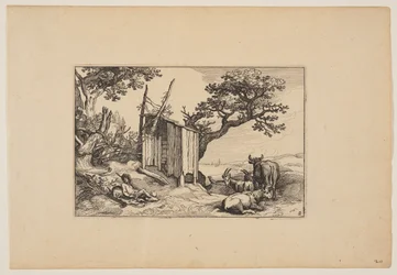 Bouwvallige schuur met kudde en vee, uit Landschappen (Verscheyden aerdige Lanthuysen...)