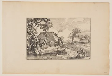 Oude man en vrouw rustend bij een vijver, uit Landschappen (Verscheyden aerdige Lanthuysen...)