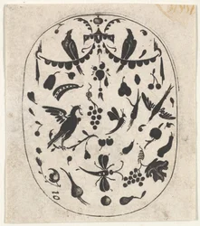 Ovale Blackwork Print met vogels, insecten en vruchten, ca. 1620