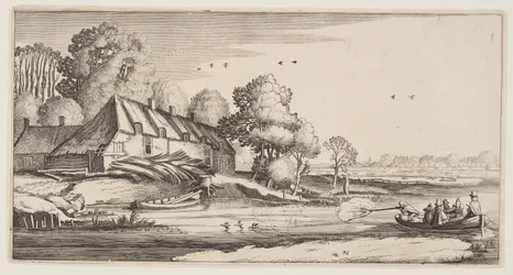 Eenden schieten vanaf een rijtjesboot bij een boerderij, uit Landschappen (Playsante Lantschappen)