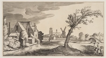 Huis aan een vijver buiten een stad, uit Landschappen (Playsante Lantschappen)