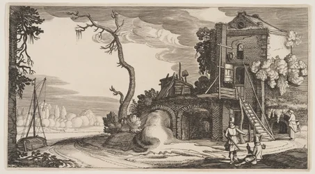 Vierkante toren gebruikt als herberg bij een rivier, uit Landschappen (Playsante Lantschappen)