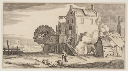 Drie figuren in gesprek bij een herberg, uit Landschappen (Playsante Lantschappen)