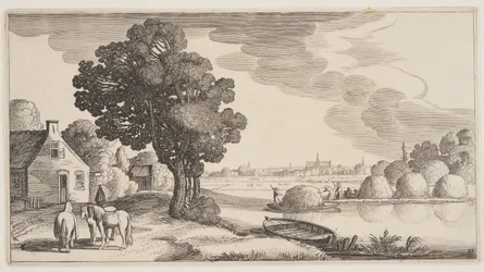 Hooitransport op een rivier, uit Landschappen (Playsante Lantschappen)