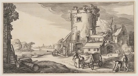 Uitkijktoren bij een rivier, uit Landschappen (Playsante Lantschappen)