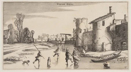 Winterlandschap met schaatsers langs een stadsmuur, uit Landschappen (Playsante Lantschappen)