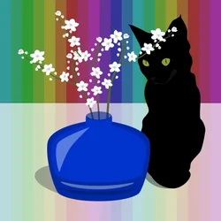 Blauwe glazen vaas met bloem en zwarte kat