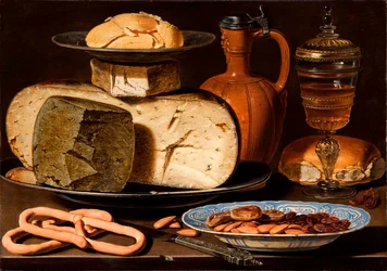 Dutch: Stilleven met kazen, amandelen en krakelingen Still Life with Cheeses, Almonds and Pretzels