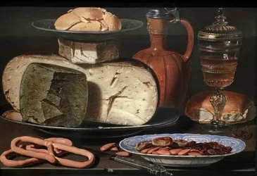 Dutch: Stilleven met kazen, amandelen en krakelingen Still Life with Cheeses, Almonds and Pretzels