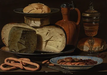 Stilleven met kazen, amandelen en pretzels, c.1615