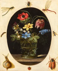 Stilleven met bloemen omringd door insecten en een slak