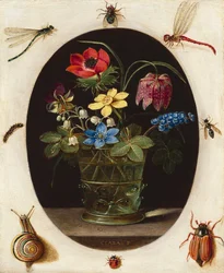 Stilleven met bloemen omringd door insecten en een slak, ca. 1610 (olieverf op koper)