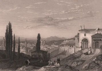 Panoramisch uitzicht op de stad Verona vanaf de kerk van San Zeno in Monte, Veneto, Italië, staalgravure door S Fisher naar tekening van Clarkson Stanfield, circa 14x12 cm