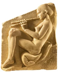 Een aulosspeler. Altaar van Aphrodite, zogenaamde Ludovisi Troon, linker paneel, ca. 430 v.Chr.