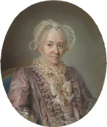 Een oudere dame in een mauve zijden jurk