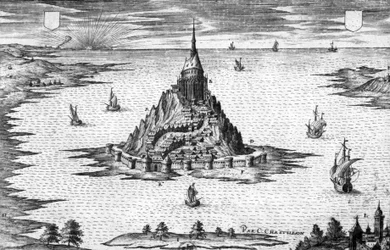 Mont Saint Michel in Normandië (Frankrijk), gravure door Chastillon