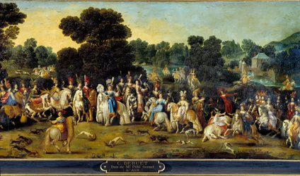 De vier elementen: Lucht. Jachtscène in het park van een kasteel. Detail. Schilderij door Claude Deruet (1588-1662) 1641