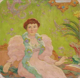 Jonge vrouw in roze jurk, ca. 1893