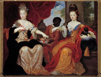 Portretten van Mademoiselle de Blois en Mademoiselle de Nantes, bediend door hun zwarte dienstmeid. Mademoiselle de Blois (1677-1749), toekomstige vrouw van Louis de Bourbon, Mademoiselle de Nantes (1673-1743), toekomstige hertogin van Orléans. Schilderij