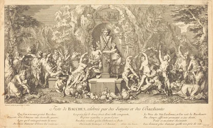 Feest van Bacchus, gevierd door saters en bacchanten