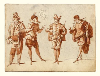 Vier figuren in theaterkostuum