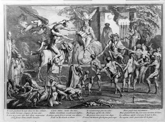 Sabbatceremonie, demonen, heksen en monsterlijke wezens dansen. Gravure door Gillet