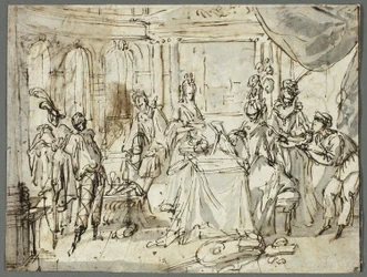 De acteurs maken zich klaar (recto); Studies van de Heilige Familie en Sint Jan de Doper (verso)