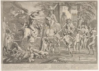 Heksensabbat, binnen een nachtelijk landschap, een necromancer zittend bovenaan, ca. 1700-1720
