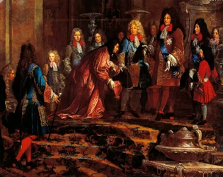 Lodewijk XIV ontvangt onderwerping, Doge van Genua in mei 1685, schilderij door Claude-Guy Halle
