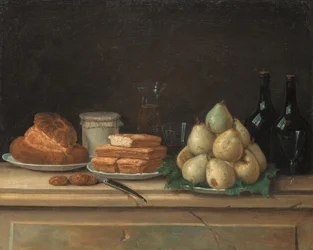 Peren en brood op borden, met flessen wijn en glazen op een stenen richel