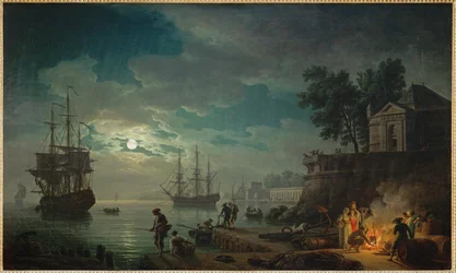 s Nachts een maanverlichte zeehaven ...