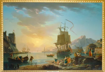 Marine, soleil couchant - Schilderij aan zee met ondergaande zon ...
