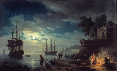 Vissen bij maanlicht. Nachtgezicht op een haven met mannen die een kampvuur maken. Schilderij van Joseph Vernet