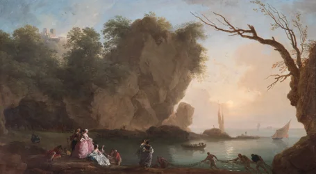 Zonsondergang: Uitzicht Over een Baai met Figuren