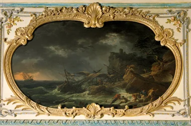 De Vier Delen van de Dag: het Zuiden of de Tempete Schepen tijdens een schipbreuk in een droge zee. Schilderij door Joseph Vernet (1714-1789) 1762. Dim. 0,85x1,35 m.