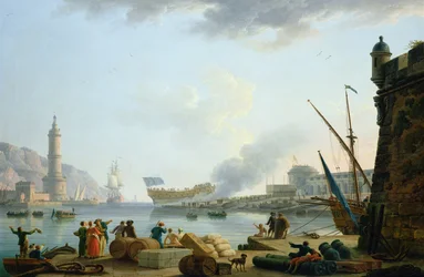 De tewaterlating van het oorlogsschip bij de monding van een haven, 1781