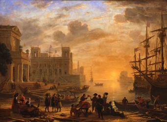 Een havenlandschap bij zonsondergang