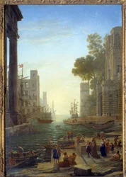 Landschap met de boot van Sint Paula Romana in Ostia. Sint Paula verlaat haar kinderen om naar het Heilige Land te reizen