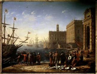 Gezicht op een haven met het Capitool. Gezicht op de stad Rome in Italië. Schilderij van Claude Gellée, genaamd Le Lorrain (1600-1682). 17e eeuw. Afmetingen 0,56 x 0,82 m. Parijs, Musée du Louvre.