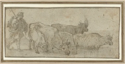 Herder met zijn kudde runderen bij een voorde