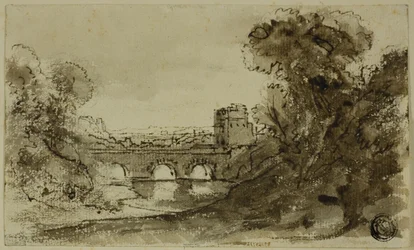 Italiaans rivierlandschap met brug en toren