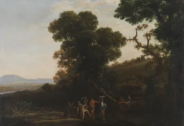 Landschap met figuren die door een beekje waden